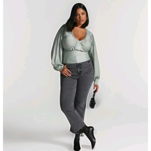 Anthropologie Smocked Blouson Sleeve Blouse Sage Green Open Back Satin Party L - Picture 2 of 16